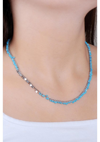 Pullu Turkuaz Taşlı Rodyumlu Gümüş Kolye 7717