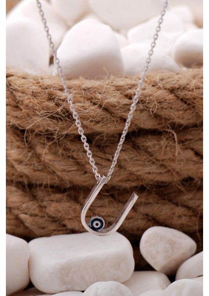 U Harf Nazar Boncuklu Rodyumlu Gümüş Kolye 59