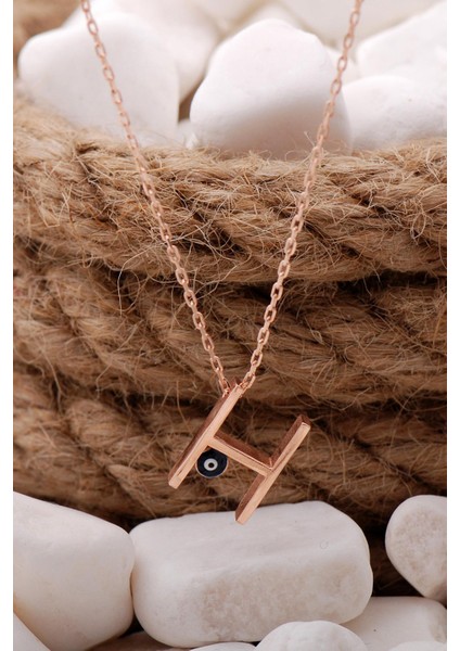 H Harf Nazar Boncuklu Rose Gümüş Kolye 69