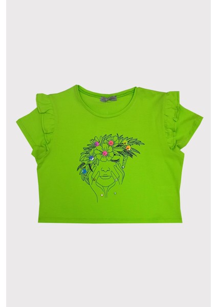 Little Star Kız Çocuk Baskılı Kolu Fırfırlı Aksesuarlı Girl T-Shirt