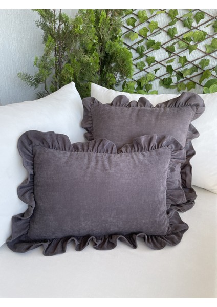 Antrasit Füme Fırfırlı Kırlent Kılıfı 2'li