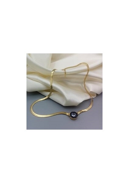 Superisi Çelik Italyan Yassı Zirkon Tek Taşlı Kolye