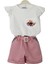 Kız Çocuk Şort Tshirt Ikili Takım Pudra Pembe Şort Beyaz Kısa Kollu Çiçek Baskılı Tshirt 1