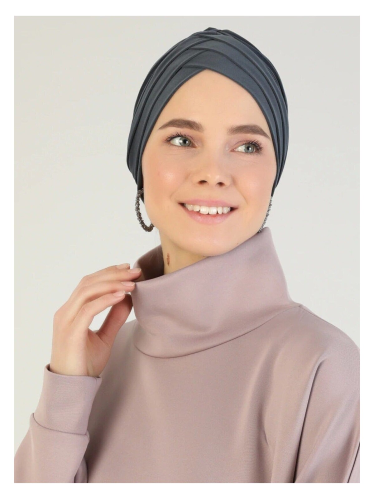 Naciye Sultan Tesettür Çapraz Deniz Bonesi Üç Bantlı Hazır Türban Antrasit