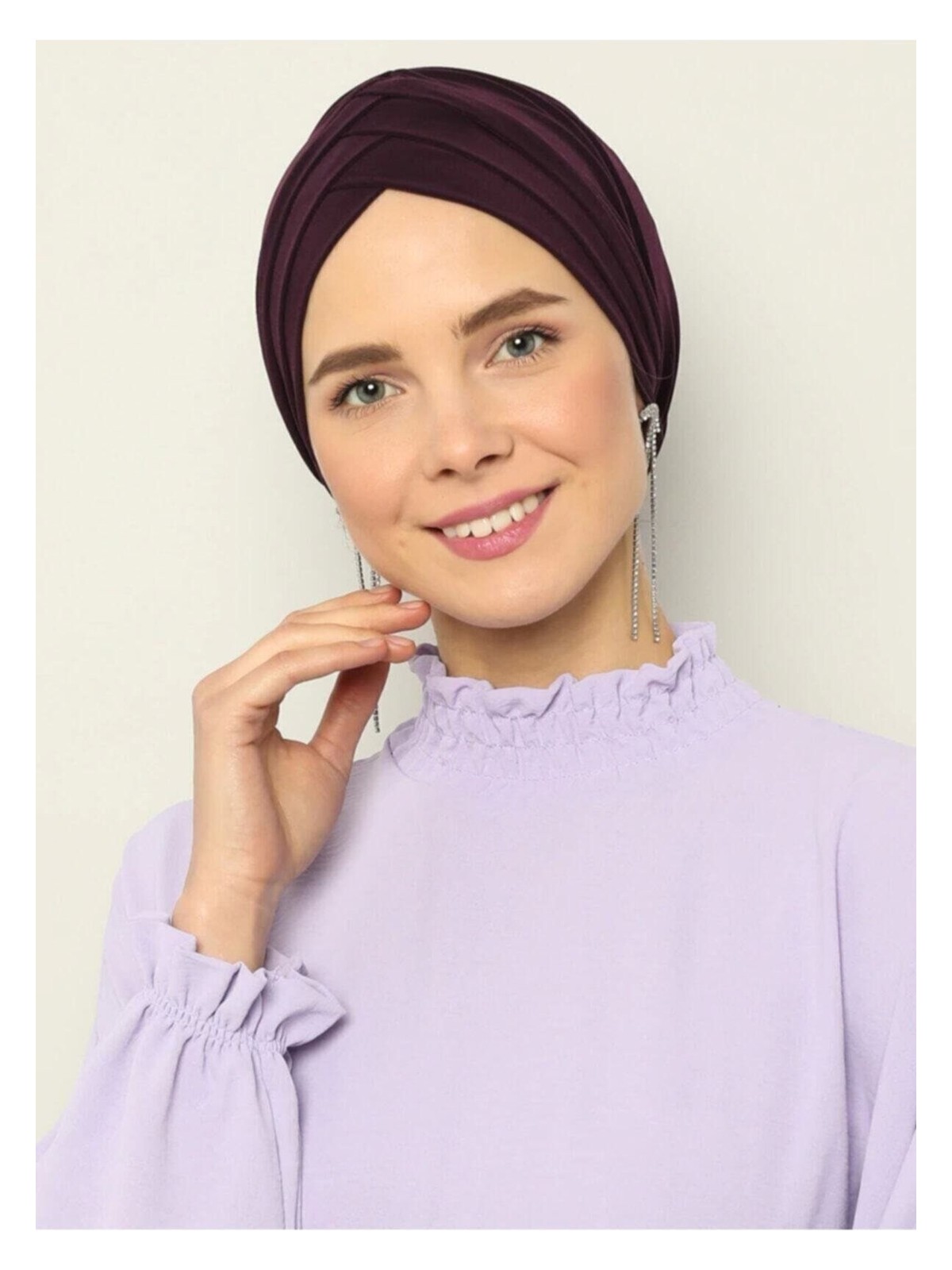 Naciye Sultan Tesettür Çapraz Deniz Bonesi Üç Bantlı Hazır Türban Mürdüm