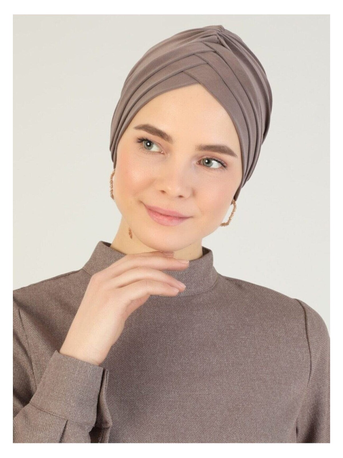 Naciye Sultan Tesettür Çapraz Deniz Bonesi Üç Bantlı Hazır Türban Vizon