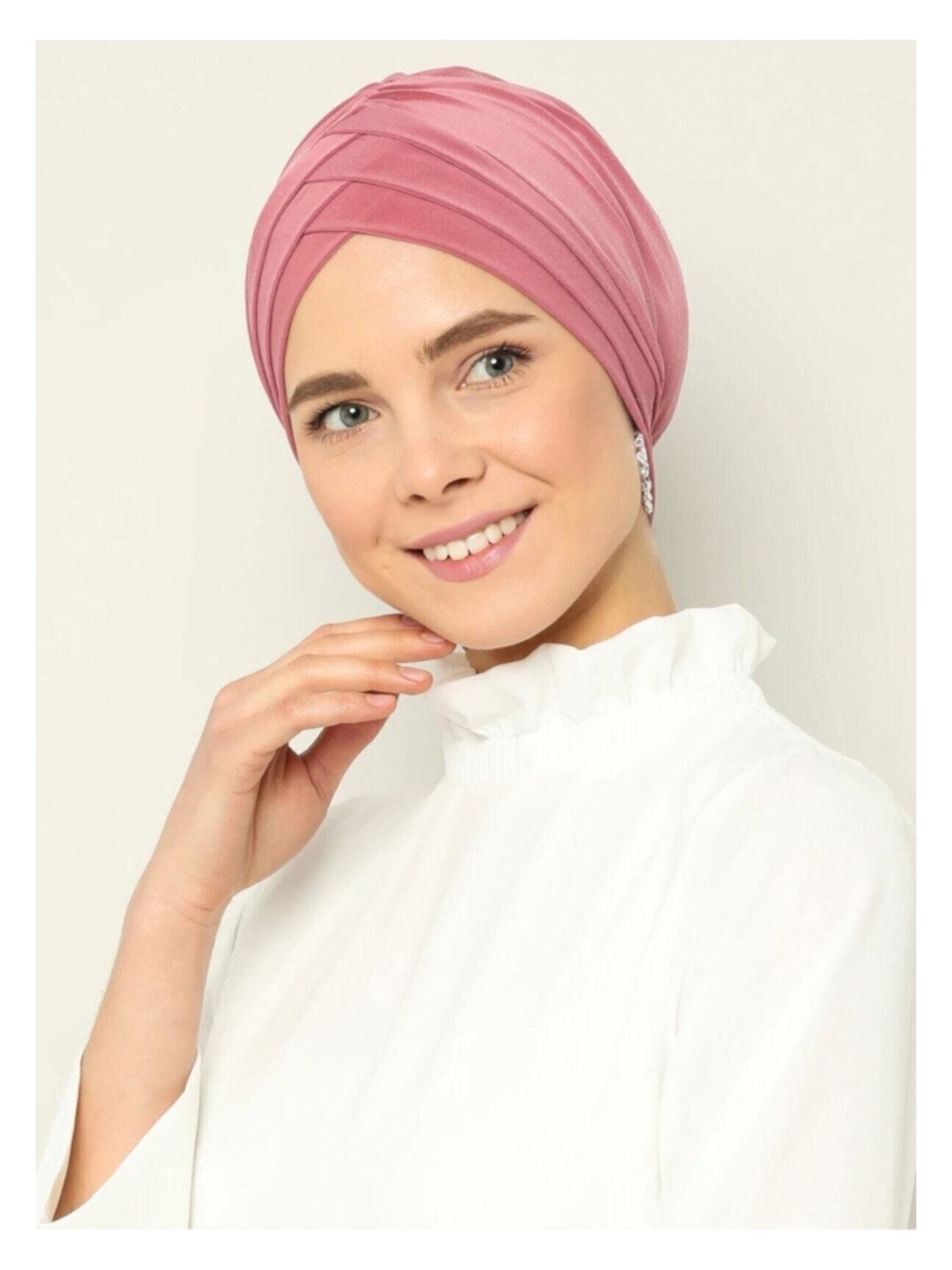 Naciye Sultan Tesettür Çapraz Deniz Bonesi Üç Bantlı Hazır Türban Gül Kurusu