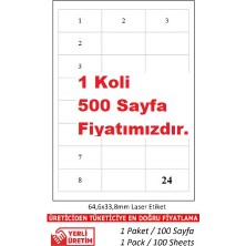 A1 Etiket TW-2533 500 A4 Sayfa  Lazer Etiket  64,6 x 33,8 mm 1 A4 Sayfada 24 Etiket