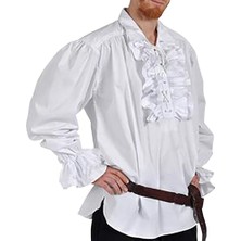 Ortaçağ Renaissance Korsan Kostüm Üst Gömlek Erkek Ruffled Bluz Cosplay Yetişkin Erkekler Için Uzun Kollu Sahne Kostüm Gömlek Germe | (Beyaz)(Yurt Dışından)