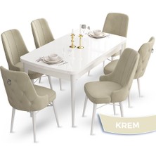 Canisa Concept Taç Serisi 80 x 132 cm Açılabilir Beyaz Mutfak Masa Takımı 6 Sandalye Gümüş Halkalı