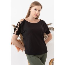 AQE FASHION Kadın Siyah Kayık Yaka Kol Detaylı Bluz