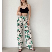 Cesi Collection Desenli Beli Lastikli Keten Pantolon Yeşil Bej