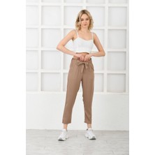Diaves Kadın Yazlık Belmando Kumaş Beli Lastikli Kuşak Detay Kahverengi Keten Pantolon