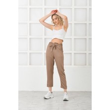 Diaves Kadın Yazlık Belmando Kumaş Beli Lastikli Kuşak Detay Kahverengi Keten Pantolon