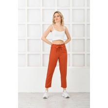 Diaves Kadın Yazlık Belmando Kumaş Beli Lastikli Kuşak Detay Turuncu Keten Pantolon