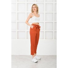 Diaves Kadın Yazlık Belmando Kumaş Beli Lastikli Kuşak Detay Turuncu Keten Pantolon