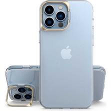 Kılıfmania Apple iPhone 13 Pro Kapak Lens Standlı Sararmaz Şeffaf Silikon Kılıf - Gold