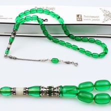 Tesbih Pasajı Gümüş Nakkaş Imameli Yeşil Renk Ateş Kehribar Tesbih (8 x