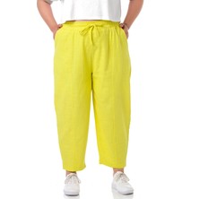 Disentis Modest Büyük Beden Yarım Şalvar Astarlı Cepli Beli Lastikli ve Ipli Keten Sarı Kadın Pantolon