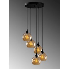 Fer Avize  Opvik Özel Tasarım Modern Spor Siyah Renk Bal Rengi Camlı Sarkıt 5 Li Avize