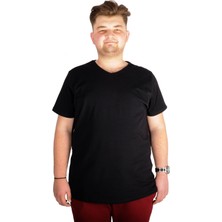 ModeXL Büyük Beden Erkek V Yaka T-Shirt Kısa Kol Günlük Stil Siyah Likralı Malzeme