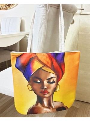 Körfez Kırlent Afrikalı Kadın Baskılı Kumaş Heybe Çanta