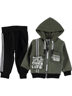 Babalı Erkek Çocuk Kapüşonlu Şeritli Önü Cepli Fermuarlı Eşofman Takımı