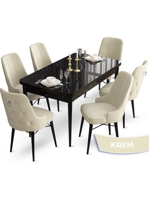 Canisa Concept Taç Serisi 80 x 132 cm Siyah Mermer Desen Mutfak Masası Takımı 6 Sandalye Gümüş Halkalı