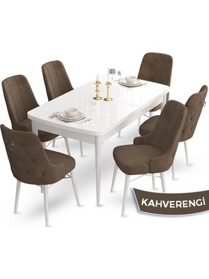 Canisa Concept Taç Serisi 80 x 132 cm Açılabilir Beyaz Mutfak Masa Takımı 6 Sandalye Gümüş Halkalı