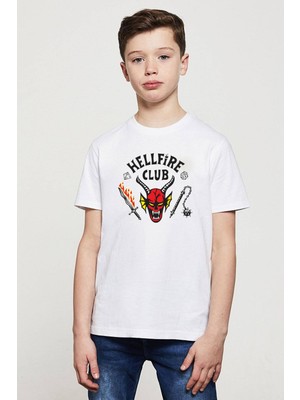 Qivi Hellfire Club Stranger Things 4 Baskılı Unisex Çocuk Beyaz T-Shirt