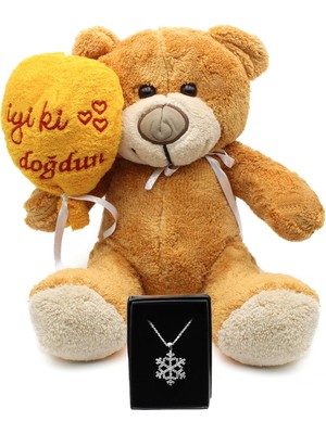 Iyi Ki Doğdun Yazılı Balonlu Peluş Ayıcık & Kar Tanesi Kolye Hediye Seti