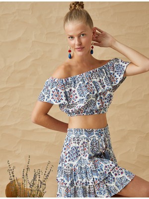 Koton Etnik Desenli Fırfırlı Omzu Açık Crop Bluz