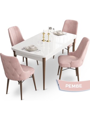 Canisa Concept Ahu Serisi 80 x 132 cm Açılabilir Masa Beyaz Masa Ceviz Ayak Mutfak Masa Takımı 4 Sandalye