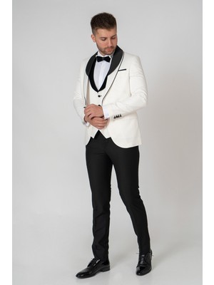 White Stone Genova Slim Fit Damatlık Takım Elbise Des Beyaz