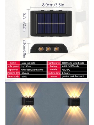 Greathings 2 Adet - Modern 6 Ledli Solar Çift Taraflı Aplik Güneş Enerjili Duvar Aydınlatma Lambası (Gün Işığı)