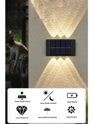 Greathings 2 Adet - Modern 6 Ledli Solar Çift Taraflı Aplik Güneş Enerjili Duvar Aydınlatma Lambası (Gün Işığı)