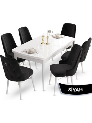 Canisa Concept Taç Serisi, 80 X 132 cm Açılabilir Beyaz Mutfak Masa Takımı, 6 Sandalye Gümüş Halkalı