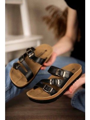 Ccway Kadın 3 Tokalı Terlik Siyah Cilt