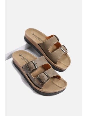 Ccway Kadın 2 Toka Kemerli Terlik Vizon Mat