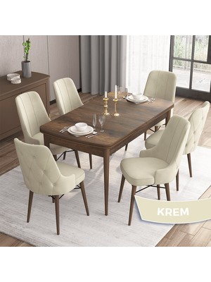 Canisa Concept Iza Serisi, 80 X 132 cm Açılabilir Mdf Masa, Barok Ahşap Desen Mutfak Masa Takımı, 6 Sandalye