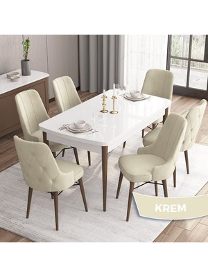 Canisa Concept Iza Serisi, 80 X 132 cm Açılabilir Mdf Beyaz Masa Ceviz Ayak Mutfak Masa Takımı, 6 Sandalye