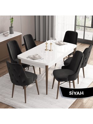 Canisa Concept Iza Serisi, 80 X 132 cm Açılabilir Mdf Beyaz Masa Ceviz Ayak Mutfak Masa Takımı, 6 Sandalye