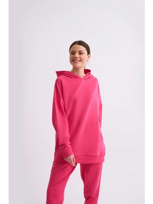 RECOLOR Organik Kapüşonlu Cepli Uzun Kollu Kadın Sweatshirt Pembe Pembe Xs