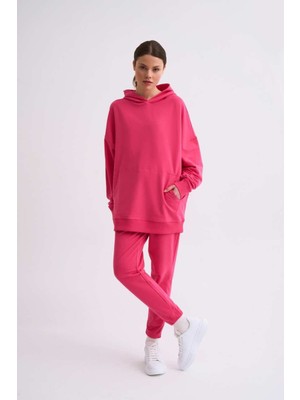 RECOLOR Organik Kapüşonlu Cepli Uzun Kollu Kadın Sweatshirt Pembe Pembe M