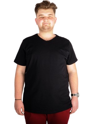ModeXL Büyük Beden Siyah T-Shirt Erkekler İçin Günlük Kullanım V Yaka Kısa Kol