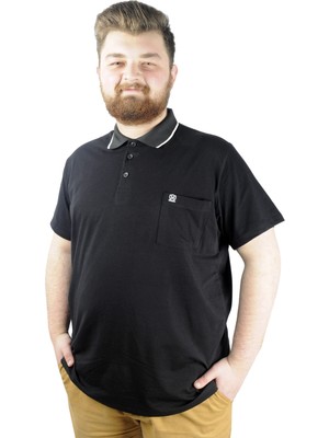 ModeXL Büyük Beden Polo Yaka T-Shirt Siyah Erkek Kısa Kol Günlük Stil Likralı Kumaş