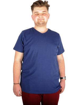 ModeXL Büyük Beden T-Shirt V Yaka Likralı 20150 Indigo