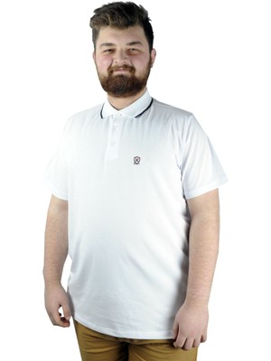 ModeXL Büyük Beden T Shirt Polo Likralı Süprem Nakış 21554 Beyaz