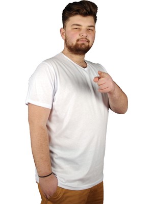 ModeXL Büyük Beden Erkek Tshirt V Yaka Basic 20032 Beyaz
