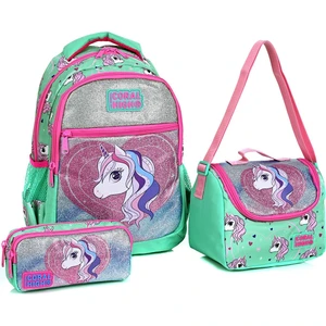 Coral High 23496 Su Yeşili Unicorn Desenli 3' Lü Okul Çantası Seti